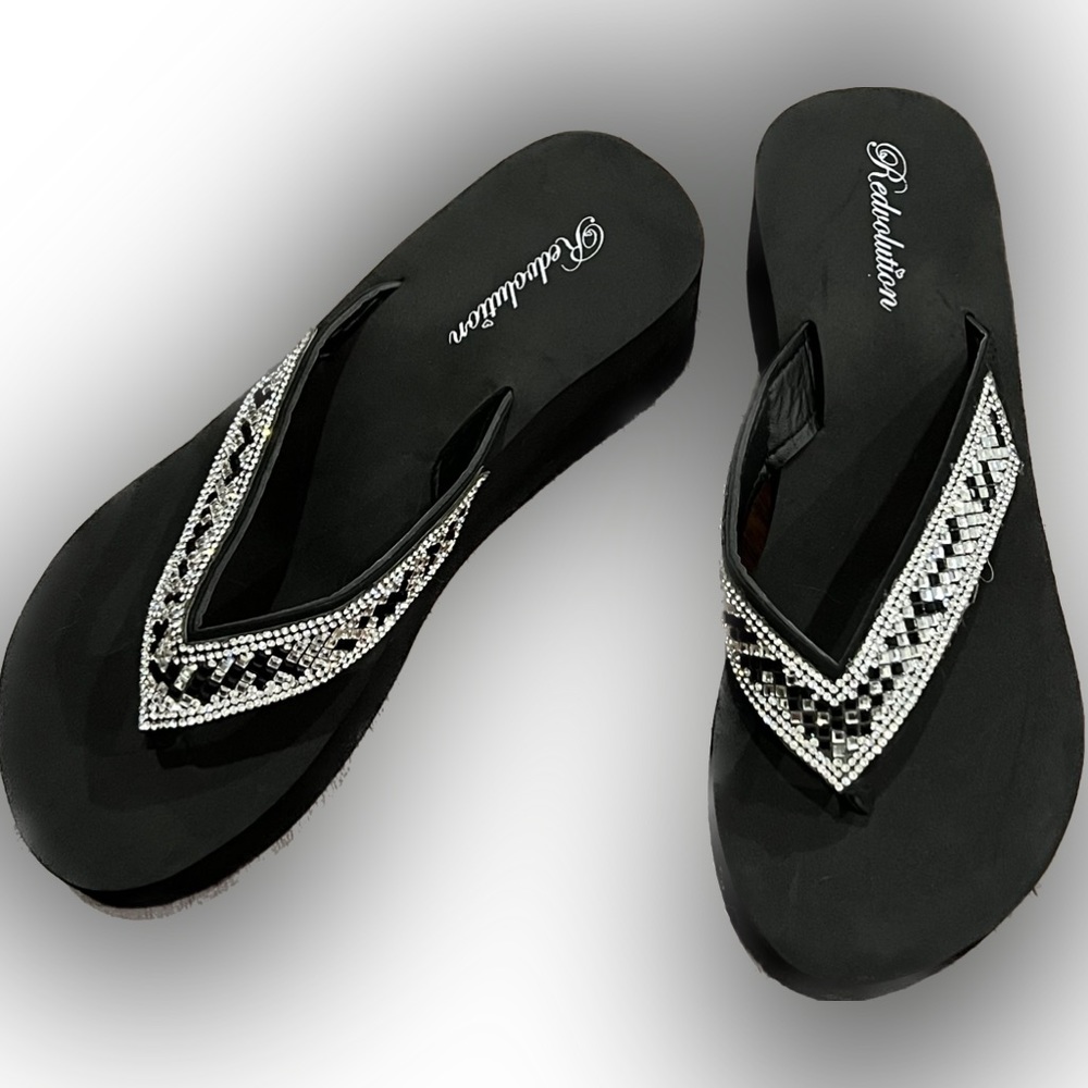NWOB REVOLUTION New Women's Rhinestone Sandals PlatformJewel Wedge Flip Flops